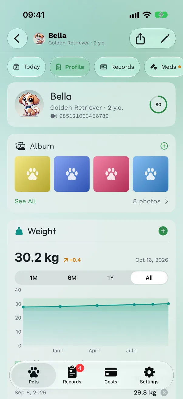 The Album card on Bella's Profile tab with her four newest photos and "8 photos"