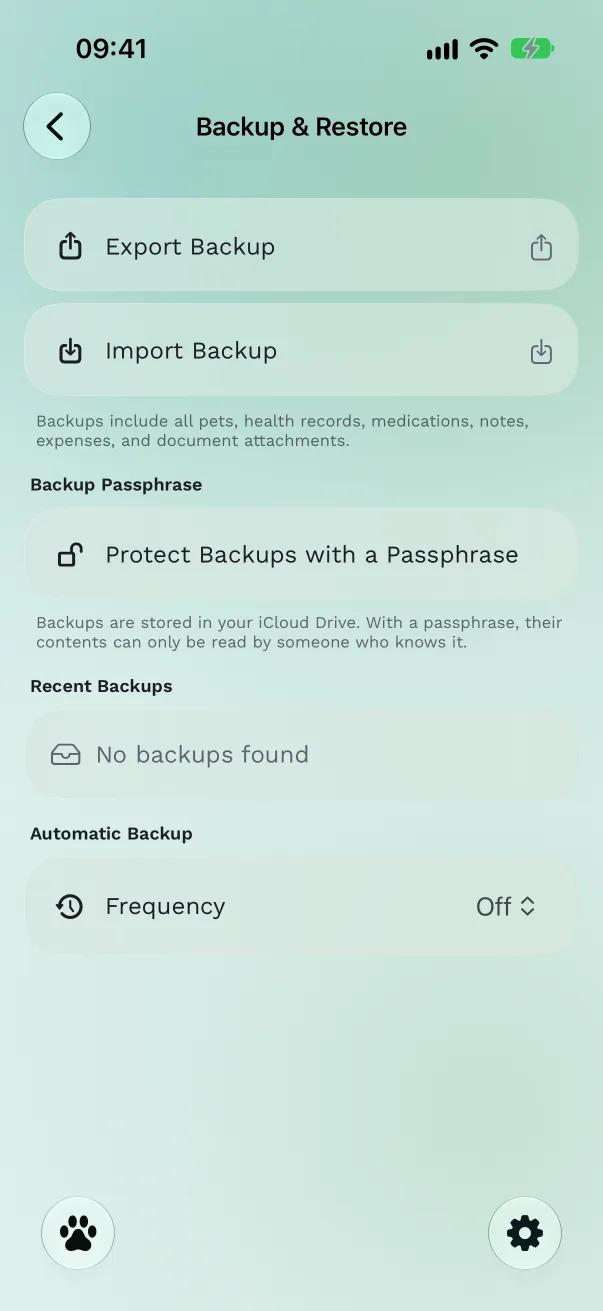 Settings, Backup & Restore screen with Export Backup, Import Backup, Backup Passphrase, Recent Backups and Automatic Backup