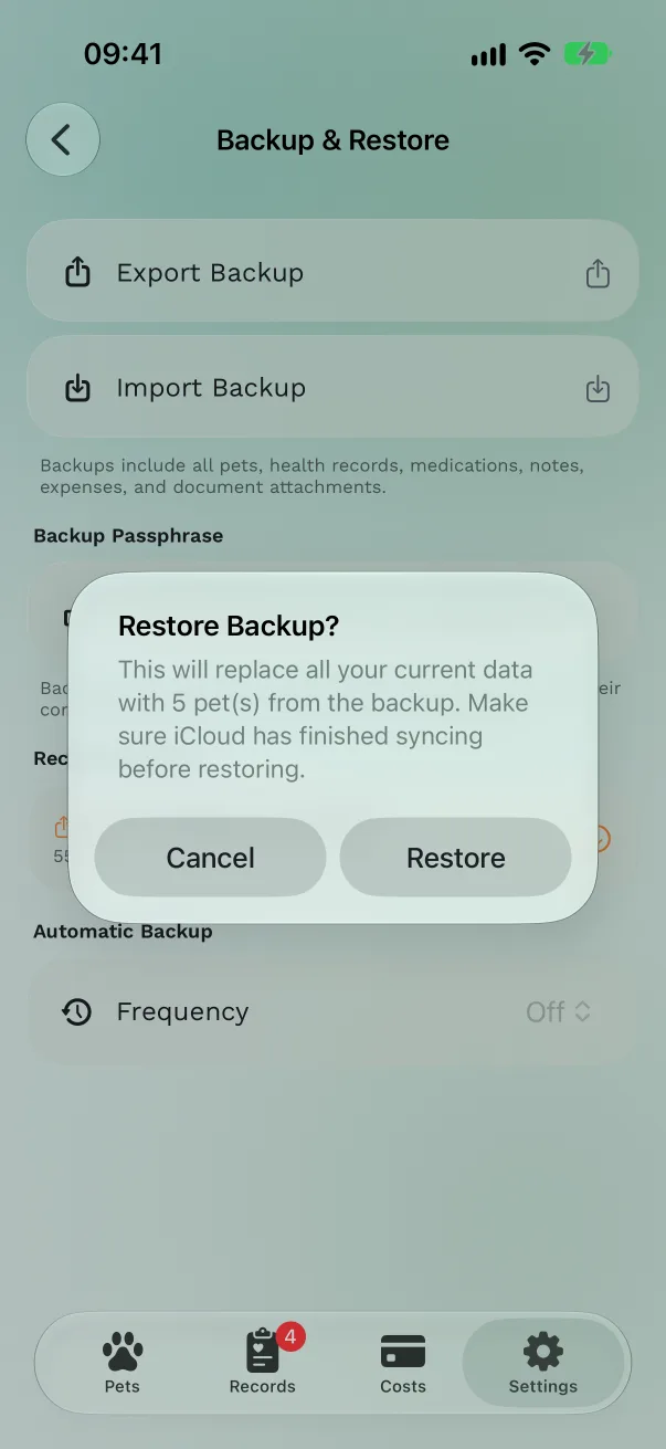The Restore Backup? confirmation, replacing current data with 2 pets from the backup