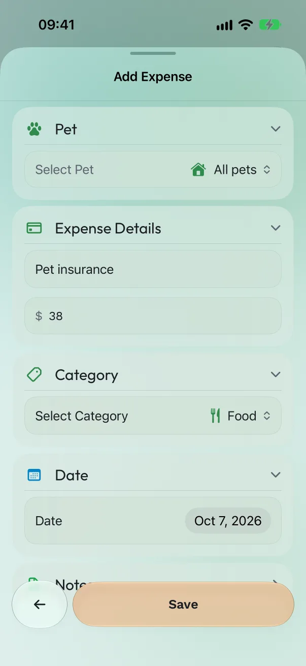 The Add Expense form with Pet set to All pets, a title, amount, category Insurance and date