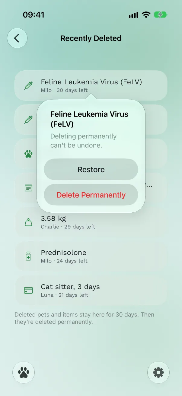 The menu for a deleted item with Restore and Delete Permanently