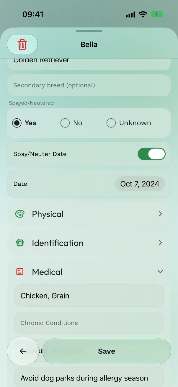 The Edit pet form's Medical and Veterinarian sections with allergies, current medications, vet name and vet phone filled in