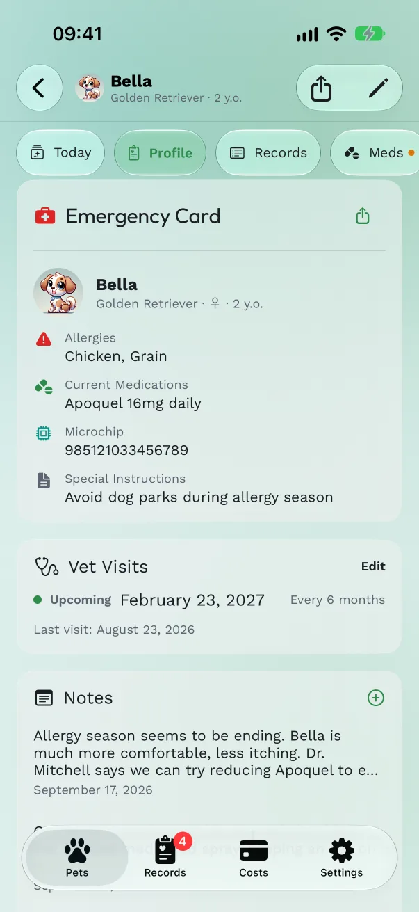 The Emergency card on the Profile tab with allergies, current medications, microchip and special instructions