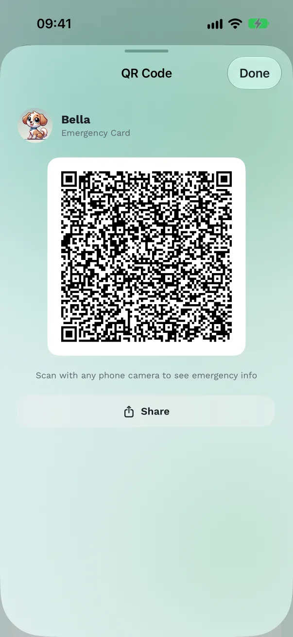 The QR Code screen with "Scan with any phone camera to see emergency info"