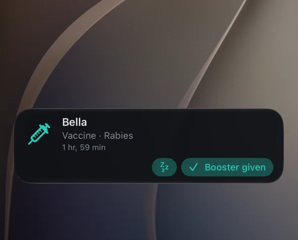 A Pet Health+ Live Activity on the Lock Screen for Bella, Vaccine · Rabies, due in 1 hr 59 min, with a snooze button and Booster given