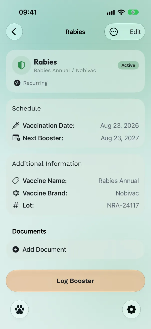 A vaccination's details screen with the Log Booster button at the bottom