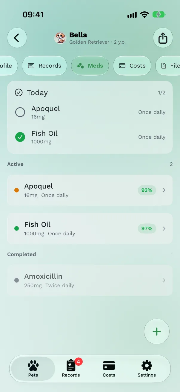 The Meds tab with a Today card showing 1 of 3 doses taken, and Active medications listed with check circles