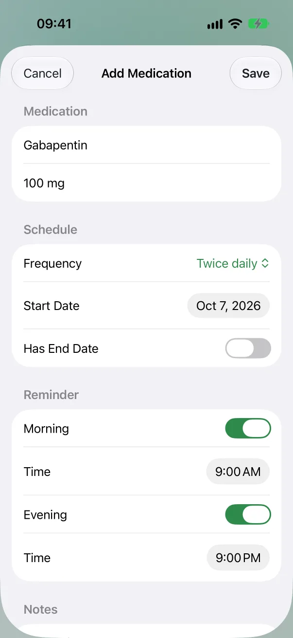 The Add Medication form with Name, Dosage, Frequency set to Twice daily, Start Date, and Morning and Evening times