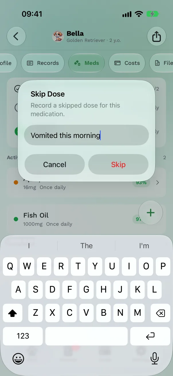 The Skip Dose alert with a Reason (optional) field