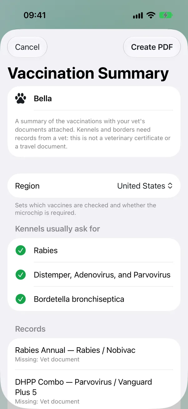 The Vaccination Summary sheet with Region set to United States, the Kennels usually ask for list, and Attach passport and vet certificates