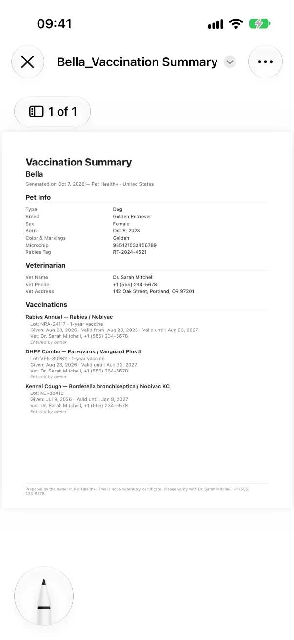 The first page of a Vaccination Summary PDF with the pet's details, vet, and vaccinations with lot numbers