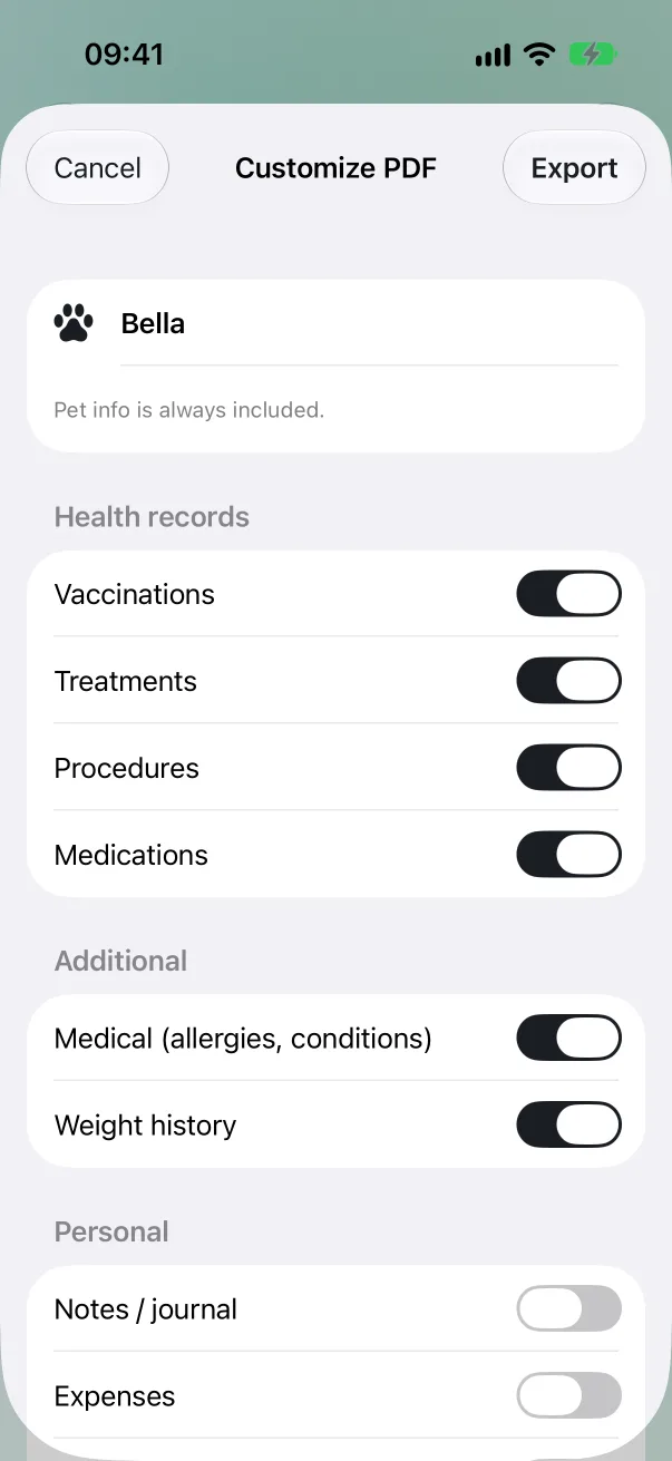 The Customize PDF sheet with Health records, Additional and Personal sections and a Page size picker