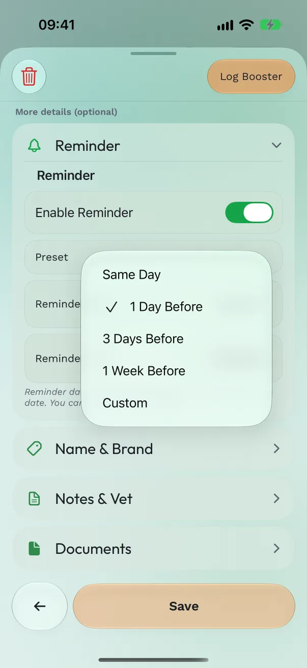 The Reminder section of a vaccination form with Enable Reminder on, the Preset menu open on 1 Day Before, and Reminder Time