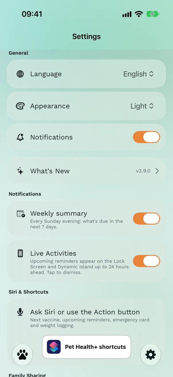 Pet Health+ Settings, Notifications section with Weekly summary and Live Activities switches