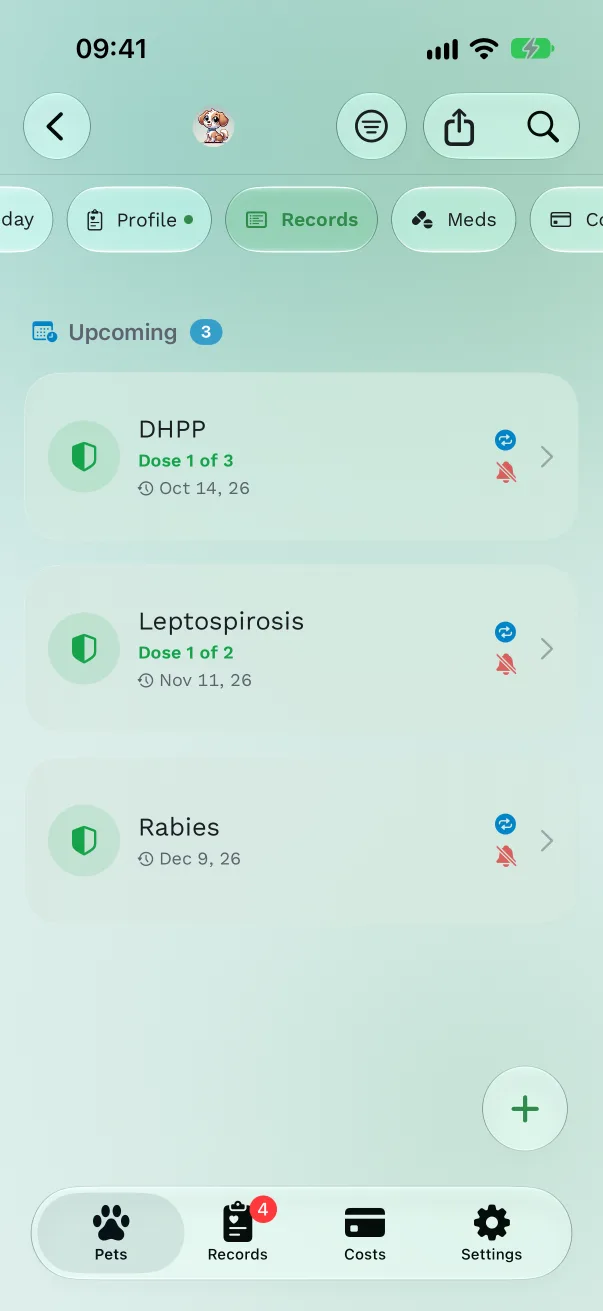 The Records tab of a 7-week-old puppy with DHPP showing Dose 1 of 3 and Not given yet