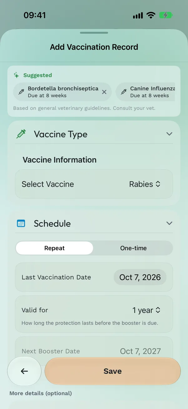The Add Vaccination form with the Suggested strip of vaccine chips at the top
