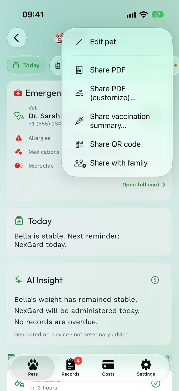 A pet's share menu open, with Share PDF, Share vaccination summary, Share QR code and Share with family