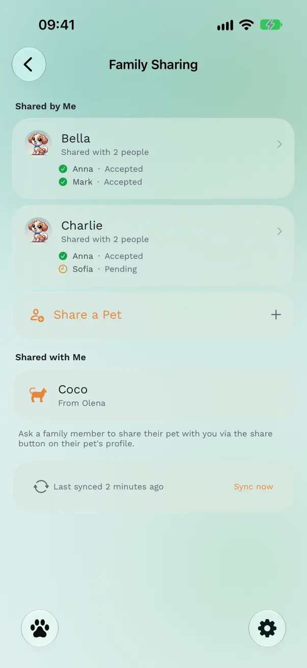 Settings, Family Sharing screen with a Shared by Me section listing Bella, shared with 1 person, Accepted