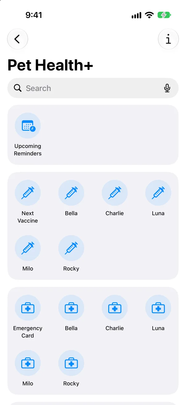 The Shortcuts app's Pet Health+ page with Upcoming Reminders, a Next Vaccine shortcut for each pet and an Emergency Card shortcut for each pet