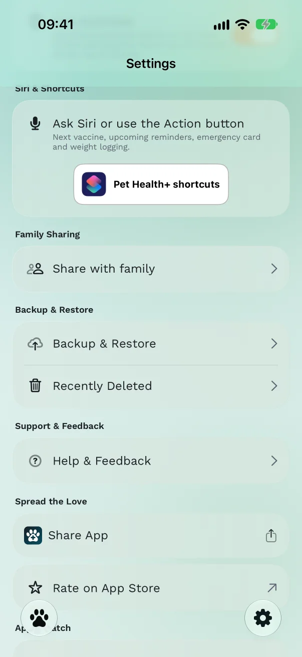 Pet Health+ Settings, the Siri & Shortcuts section with "Ask Siri or use the Action button" and a Shortcuts button