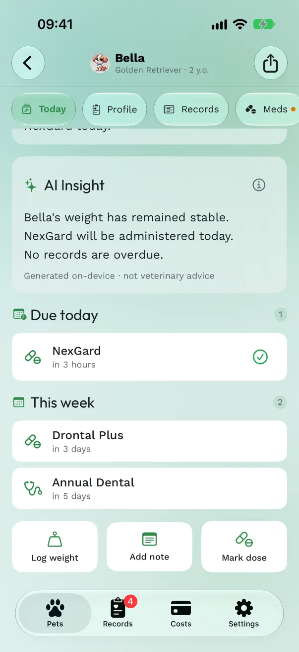 The Due today section with a vaccine marked Overdue and a check circle beside it