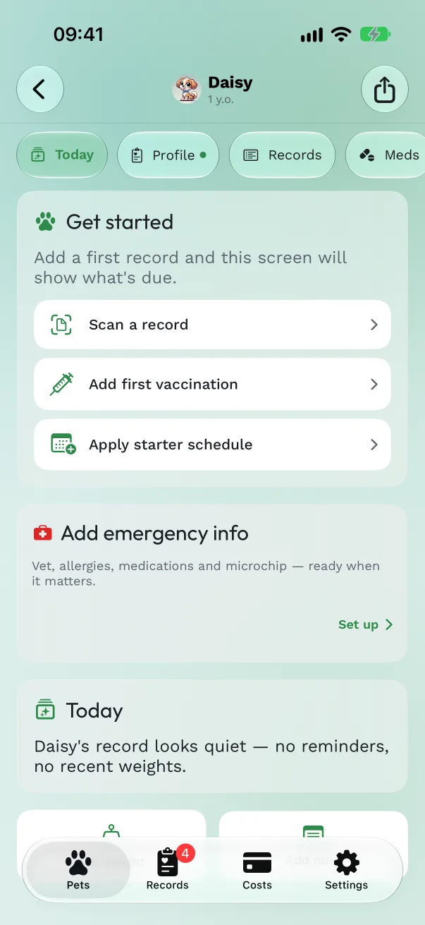 The Get started card on a new pet with Scan a record, Add first vaccination and Apply starter schedule