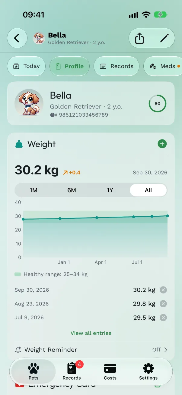 The Profile tab header with the pet's photo, name, breed and age, and a completeness ring showing 62