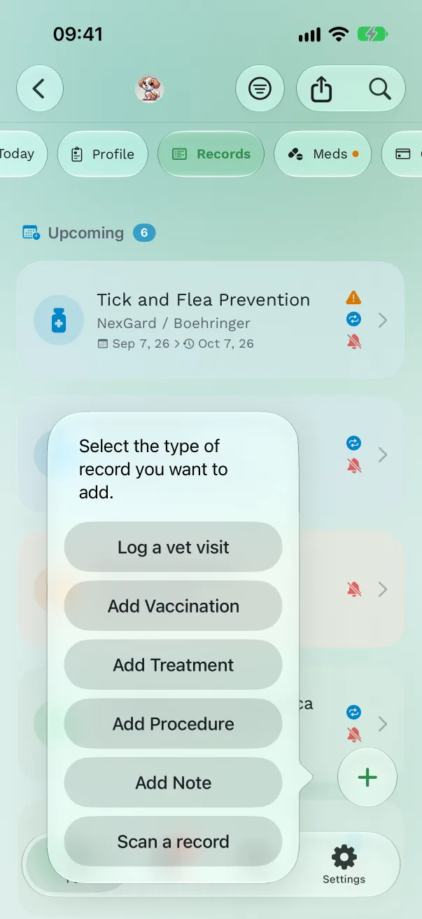 The Add New Record menu with Log a vet visit at the top