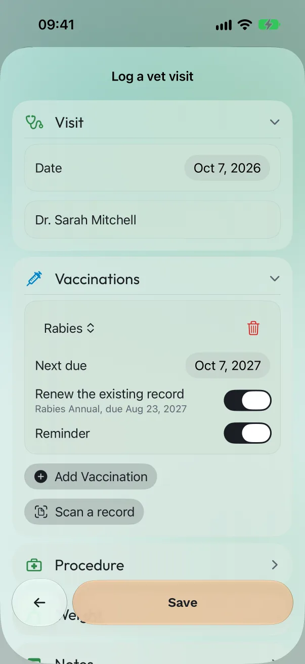 The Log a vet visit form with the visit date and vet, and a DHPP vaccination with Renew the existing record turned on
