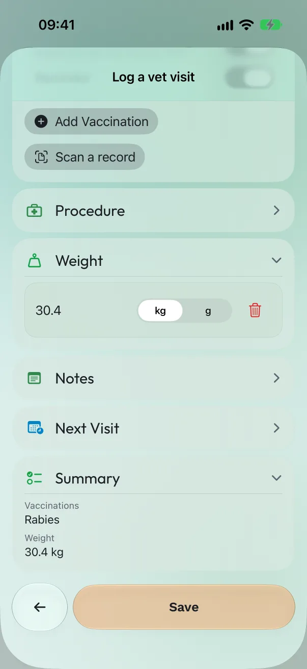 The Summary section listing two vaccinations, a weight and a note, with the Save button
