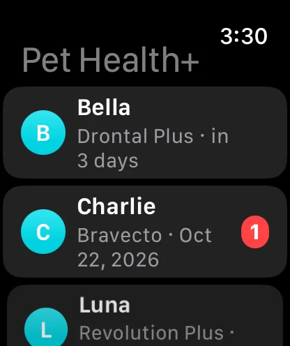 Pet Health+ on Apple Watch, the pet list with the next item under each pet and a red overdue count