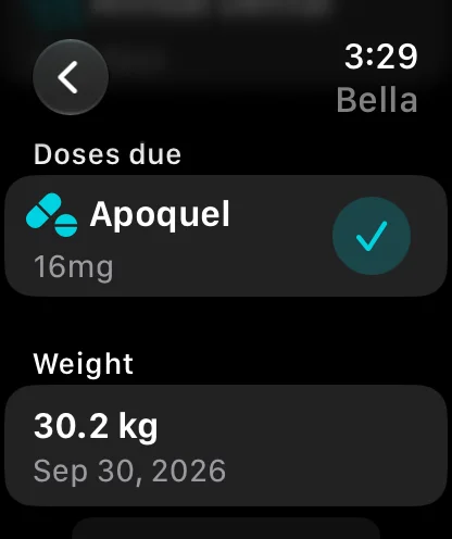 A pet's Today screen on Apple Watch with Due today, Doses due and Weight sections and a check button beside each row