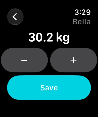 The Log Weight screen on Apple Watch with the Digital Crown value and a Save button