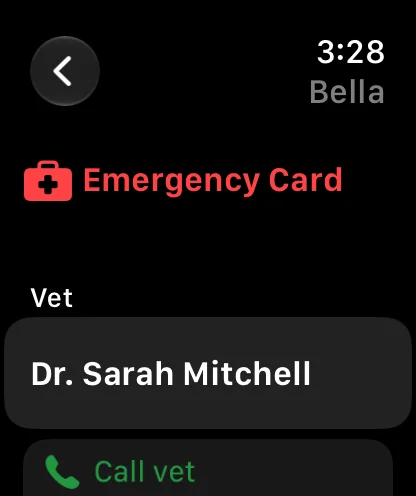 The Emergency Card on Apple Watch with the Call vet button, allergies and microchip