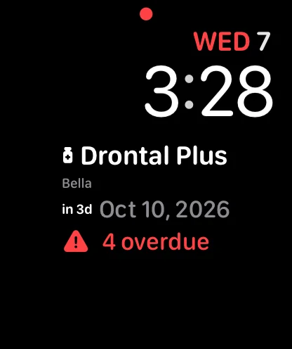 An Apple Watch face with the Pet Health+ complication showing the next due item