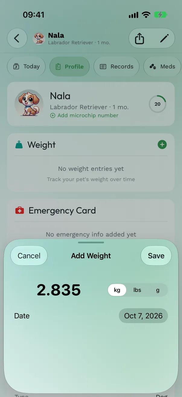 The Add Weight form with a value of 2.835, the kg unit and the date