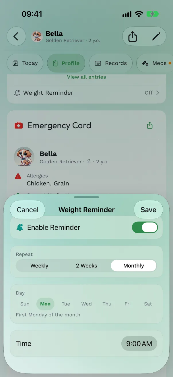 The Weight Reminder sheet set to Monthly, First Monday of the month, at 9:00