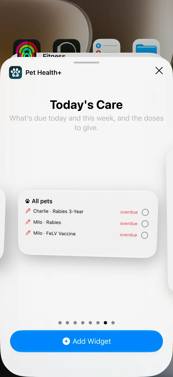 The widget gallery open on Pet Health+'s Today's Care widget, with the Add Widget button