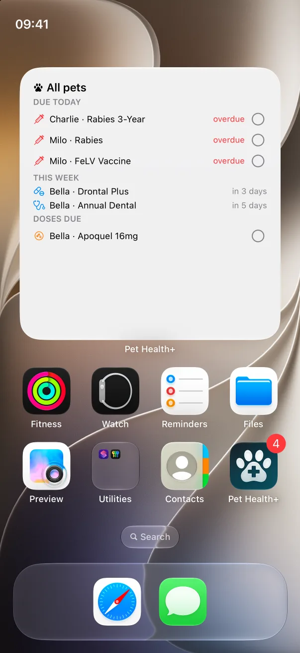 The Today's Care widget in its large size, with Due today, This week and Doses due sections and a check button beside each row