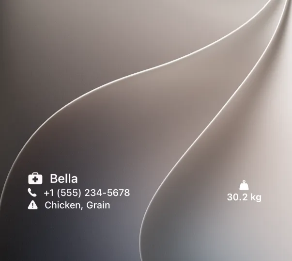 Lock Screen with the Emergency Card widget showing Bella, the vet's phone and her allergies, and the Weight Trend circular widget