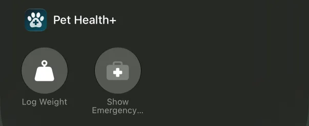 The Control Center gallery's Pet Health+ section with the Log Weight and Show Emergency Card controls
