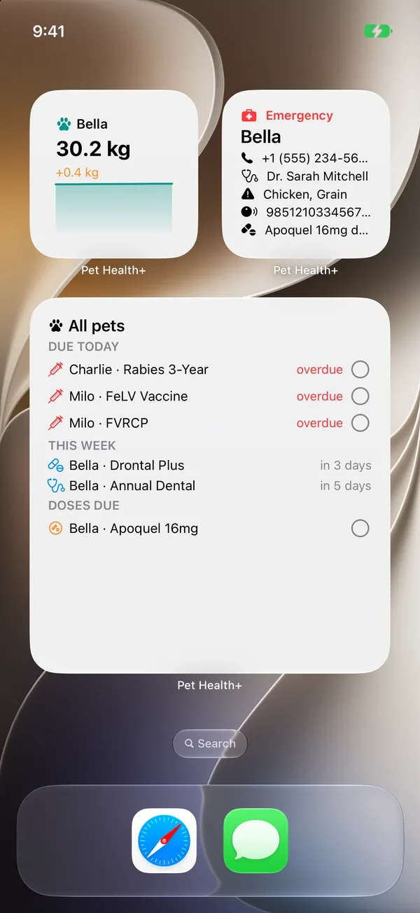 Schermata Home con i widget Andamento del peso, Scheda di emergenza e Cure di oggi
