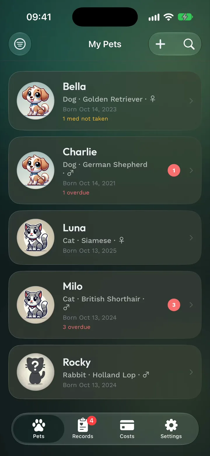 Records across all pets, with what's overdue and coming up
