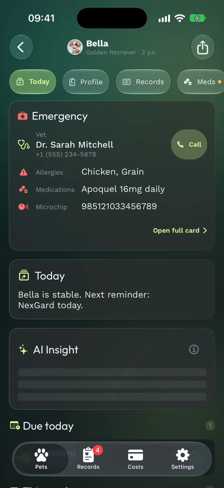 A pet's Today tab: the Emergency card, AI Insight and what's due